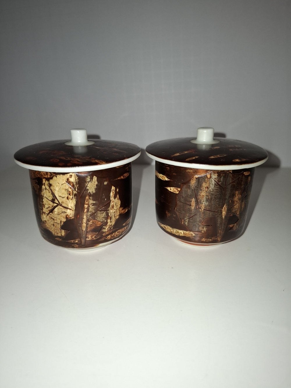 Ceramic Lidded Japense Tea Cups  - Real Cherry Bark Inlay  Set of 2